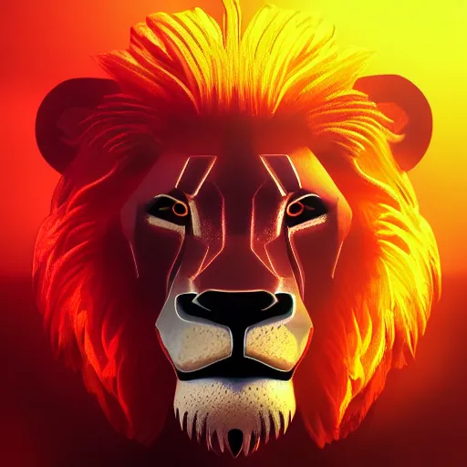 Image similar to anonymous lion face, sunny weather, closeup of face, trending on artstation, volumetric lighting, face encircled by fire, crimson - black color scheme