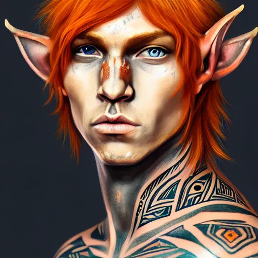 Image similar to portrait painting of an elven young man with short light orange hair and tribal tattoos on his face wearing fur armor, sharp focus, award - winning, trending on artstation, masterpiece, highly detailed, intricate. art by aurore folny