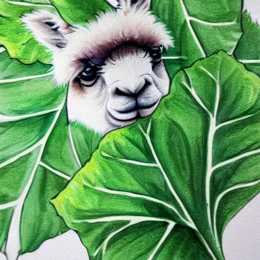 Image similar to copic paint of a alpaca face on a green leaf