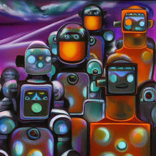 Image similar to robots dream of silicon heaven, surreal, oil painting, burnt edges