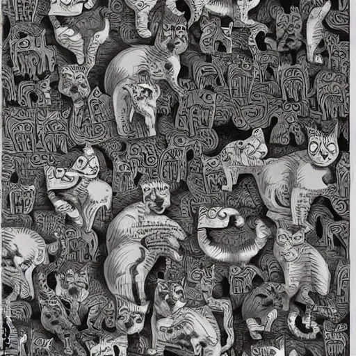 Image similar to an intricate tiled pattern of cats and dogs by mc escher, black and white painting