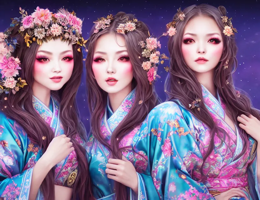 Image similar to two beautiful alluring siberian girls wear fantasy kimono in festival | | sunny night, full moon, dreamlike art, realistic shaded, smile, good looking, hyper details, 4 k realistic, cryengine, realistic shaded lighting poster by artgerm, ross tran, fuji choko, 8 k resolution, trending on artstation, luxury