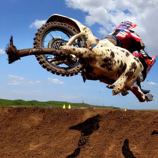 Prompt: a cow on a motocross jump