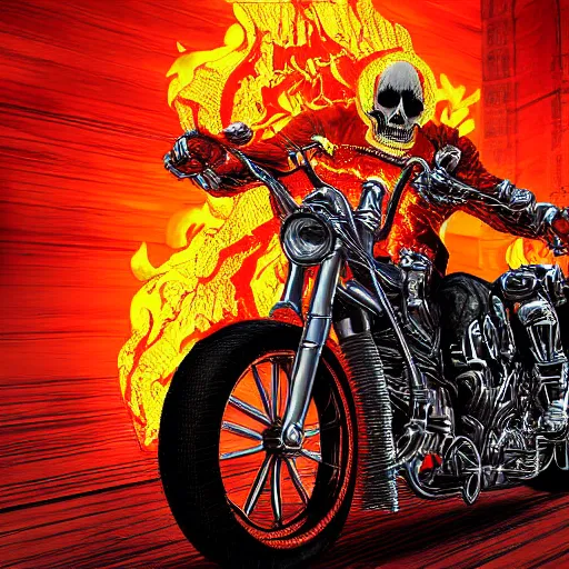 Image similar to Ghost Rider riding motorcycle through the gates of hell, detailed digital art,