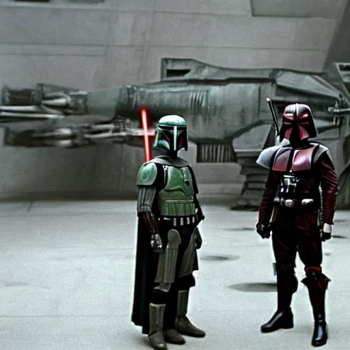 Image similar to boba fett and darth vader standing proudly shoulder to shoulder