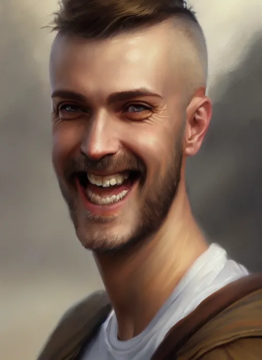 Image similar to a _ fantasy _ style _ portrait _ painting _ of white male short fringe light brown hair short face grinning clean shaven short head, rpg dnd oil _ painting _ unreal _ 5 _ daz. _ rpg _ portrait _ extremely _ detailed _ artgerm _ greg _ rutkowski _ greg