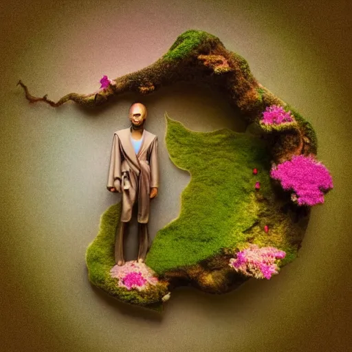 Prompt: A picture of a planet of various flowers, fungus and plants, Bonsai , in which the human figure is dressed in something magical and impressive, inside the picture is infinity, muted light, BotanicalAtmospheric phenomenon, artistic photography, muted colors, conceptual, Kodachrome