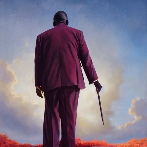 Image similar to a painting of a XXL wise elder from Kenya in a suit by Kehinde Wiley . dramatic angle, ethereal lights, details, smooth, sharp focus, illustration, realistic, cinematic, artstation, award winning, rgb , unreal engine, octane render, cinematic light, macro, depth of field, blur, red light and clouds from the back, highly detailed epic cinematic concept art CG render made in Maya, Blender and Photoshop, octane render, excellent composition, dynamic dramatic cinematic lighting, aesthetic, very inspirational, arthouse.