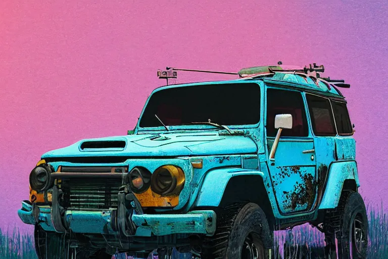 Image similar to digital illustration of a futuristic faded cyan mad max's fj 4 0 decrepit!!!! pursuit special, rusty!!! cyberpunk nissan fj cruiser heavily modded 1 9 9 0 s, the last v 8 interceptor by makoto shinkai, ilya kuvshinov, lois van baarle, rossdraws, basquiat