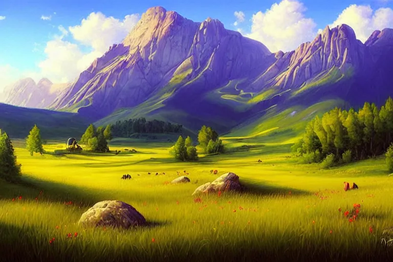 Prompt: landscape painting of meadows with mountainrange in background, nature, summer, fine details, magali villeneuve, artgerm, rutkowski