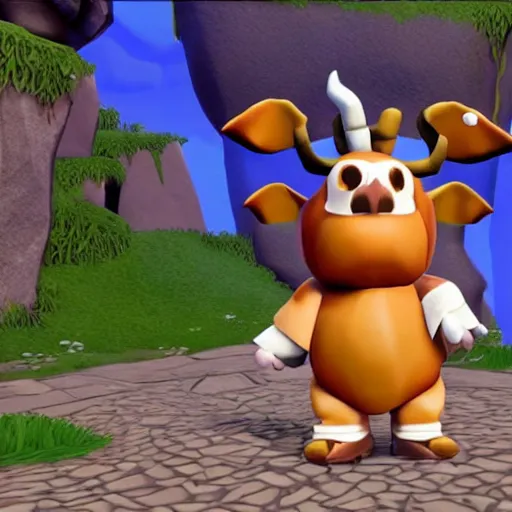Image similar to screenshot of a cute anthropomorphic cow as an npc in spyro the dragon video game, with playstation 1 graphics, activision blizzard, upscaled to high resolution