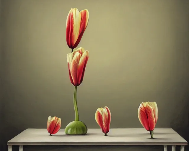 Image similar to rule of thirds inside the tulip on a table, an ultrafine detailed painting by rafal olbinski, behance contest winner, pop surrealism, detailed painting, very detailed, minimalist, skeuomorphic, airbrush art