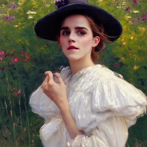 Image similar to sleeping thick paint brush strokes full body fashion model smiling emma watson by Jeremy Lipking by Hasui Kawase by Richard Schmid (((smokey eyes makeup eye shadow fantasy, glow, shimmer as victorian woman in a long white frilly lace dress and a large white hat having tea in a sunroom filled with flowers, roses and lush fern flowers ,intricate, night, highly detailed, dramatic lighting))) , high quality