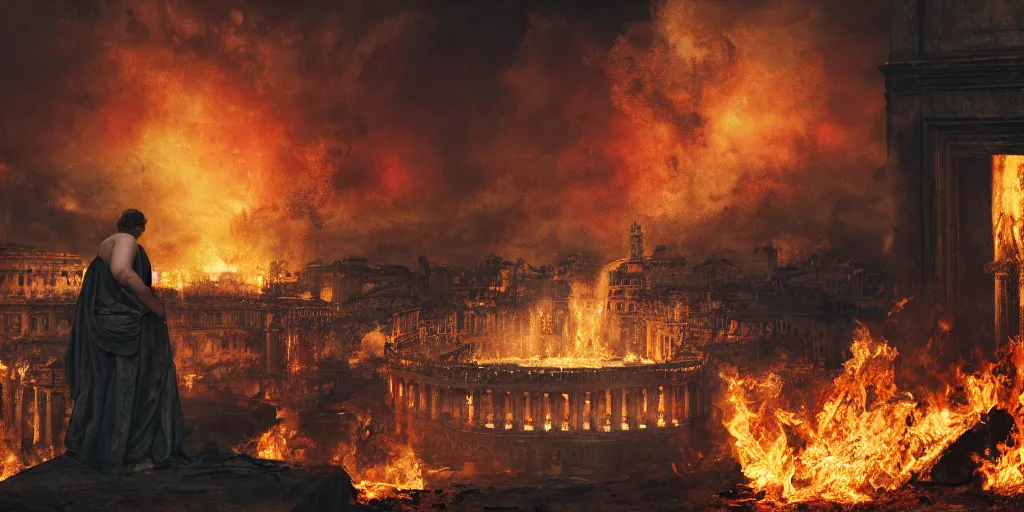 Image similar to Painting of Emperor Nero watching the great fire of rome, abstract, realism, 8k, detailed, terror, octane render, 3d render, complex emotion, glow, realistic people