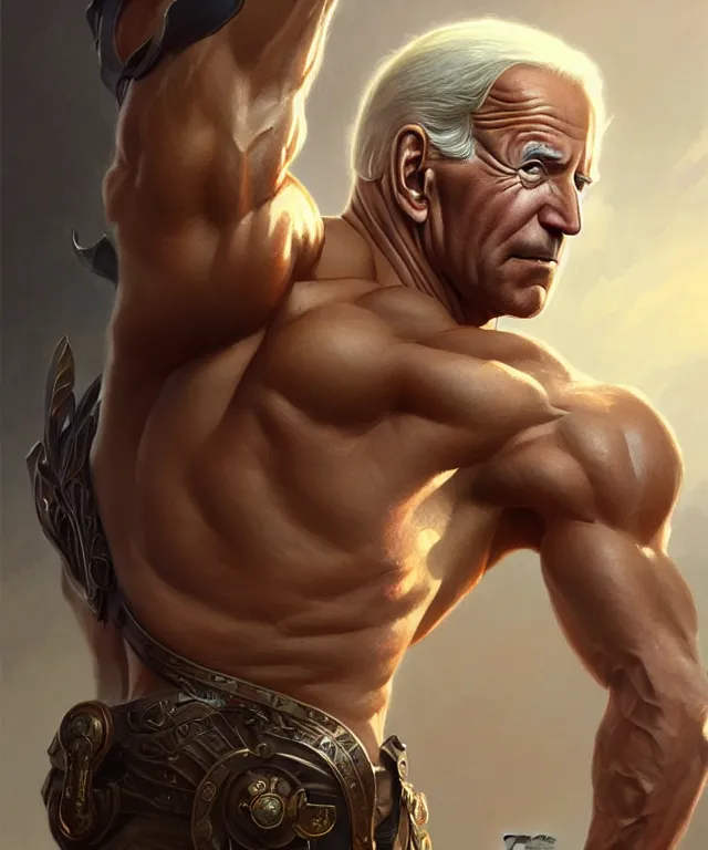 Prompt: muscular, heroic, ruggedly handsome Joe Biden, fantasy, intricate, elegant, highly detailed, digital painting, artstation, concept art, smooth, sharp focus, illustration, art by artgerm and greg rutkowski and alphonse mucha