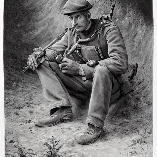 Image similar to a detailed photorealistic sepia - toned color portrait painting of a 1 9 1 7 worried clean - shaven british lieutenant in field gear in north arabia examining an ancient cylindrical clay jar, ultra realistic, intricate details, atmospheric, dark, horror, brooding, highly detailed, by clyde caldwell