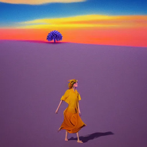 Image similar to closeup giant dahlia flower under head, girl walking between dunes, surreal photography, sunrise, blue sky, dramatic light, impressionist painting, digital painting, artstation, simon stalenhag