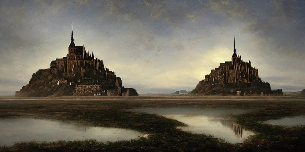 Image similar to masterpiece oil painting portraying mont saint michel but it's in the mountains in the style of romanticism landscape painters with a building on the foreground,beautiful!!!!!!!,misty!!!!!!!!!,detailed!!!!!!!,night sky,evocative,reflection in the water,photorealistic,chiaroscuro,soft lighting