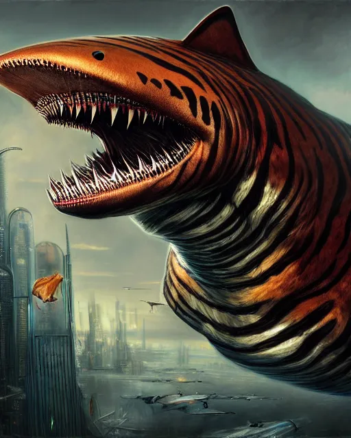 Image similar to a portrait of an anthropomorphic cyberpunk tiger shark, by jon foster, detailed render, epic composition, cybernetics, 4 k realistic, fender stratocaster, cryengine, realistic shaded lighting, sharp focus, masterpiece, by enki bilal