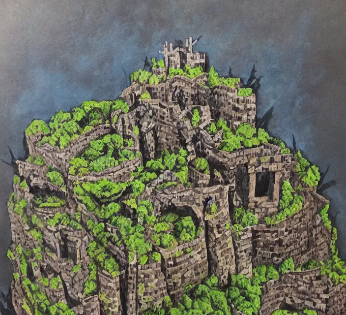 Image similar to a ravine with a fortress. in a conceptual art style. using acrylic paint.