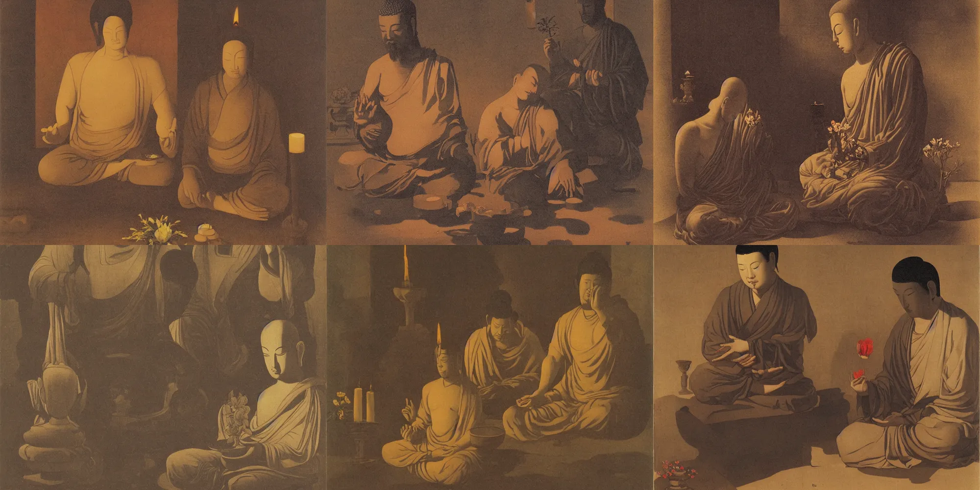 Prompt: Portrait of intense man with eyes closed, meditating cross legged in a Zen temple at the candle light. Vase with wilted flowers, small statue of the Buddha. Painting by Georges de la Tour