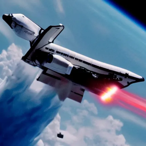 Image similar to Space Shuttle Challenger explosion, attacked by TIE fighters, cinematic, UHD, vivid colors