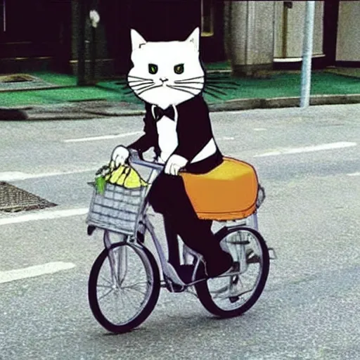 Prompt: “ angry cat wearing a suit riding a bike, studio ghibli, spirited away, anime, by hayao miyazaki ”