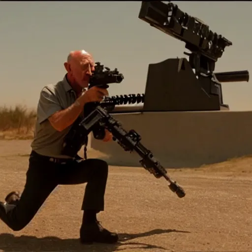 Image similar to Film Still of Mike Ehrmantraut aiming a mounted machine gun, 8k, highly detailed, centered