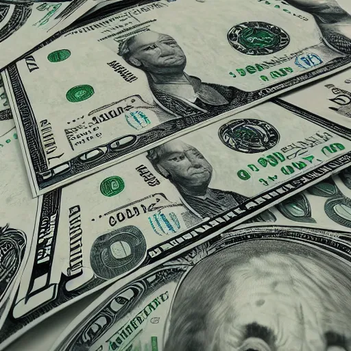 Image similar to huge stack of dollar bills, dslr, 8 k, octane beautifully detailed render, cold lighting, cinematic lighting, detailed photo, masterpiece, volumetric lighting, ultra realistic, highly detailed, high quality, lossless, photorealistic