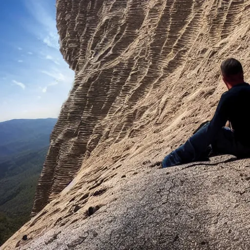 Image similar to man sitting on top peak mountain cliff looking at huge sand tornado