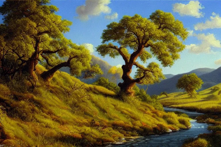 Image similar to masterpiece painting of oak trees on a hillside overlooking a creek, dramatic lighting, by edwin holgate