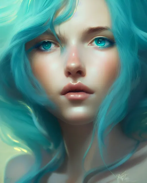 Image similar to portrait of a beautiful girl, flowy turquoise hair, cinematic lighting, highly detailed, digital painting, trending on artstation, pixiv, concept art, sharp focus, illustration, art by ross tran and wlop