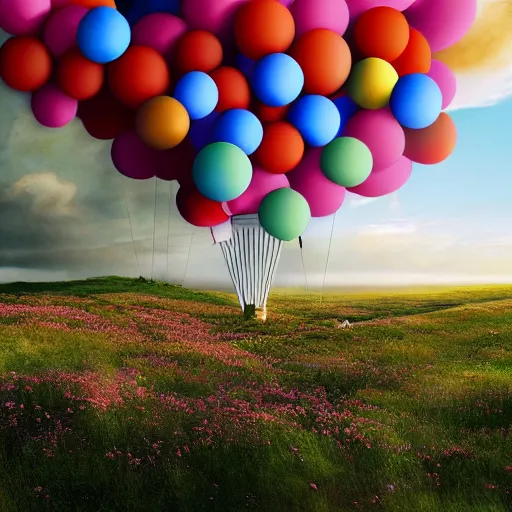 Image similar to digital art of a landscape in bretagne with giant birthday balloons, artstation cgsociety masterpiece