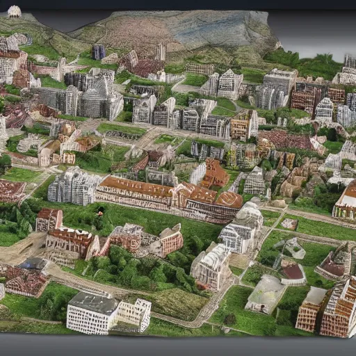 Prompt: miniature, h0, 1:87, architecture modell, google earth, highly detailed, satellite image, game map, casual game, anno 1602, landscape