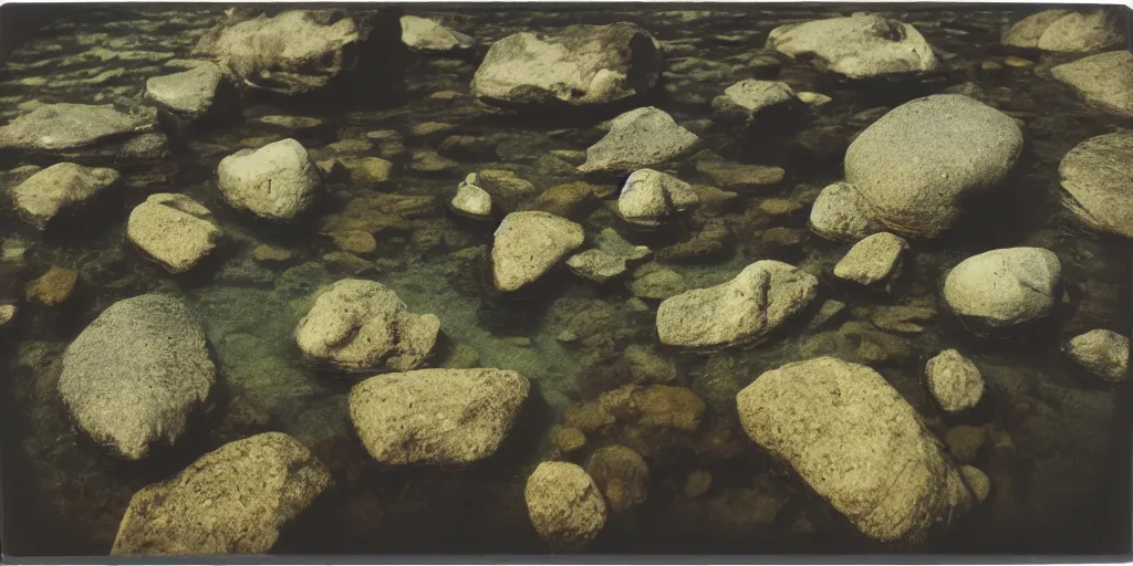 Prompt: analog polaroid of stones underwater, streaming water, slight water reflection
