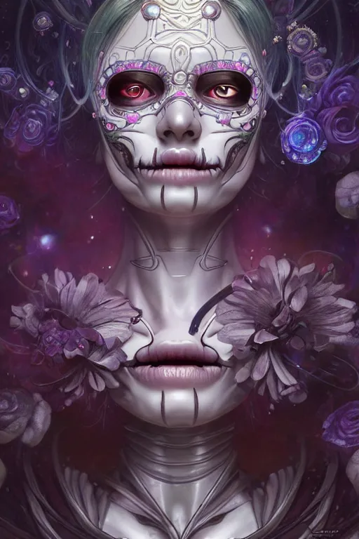Prompt: ultra detailed female android deity, eyes closed, 8 k, flowerpunk, sci - fi, fantasy, moody, calm, ( dia de los muertos ), asymmetrical, concept art, art by artgerm and giger and michael welan and alphonse mucha and loish and wlop