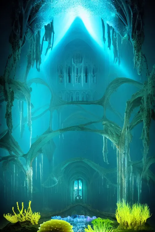 Image similar to high quality photo of cinematic underwater dystopian neo - gothic cathedral ruins with giant bioluminescent colorful aquatic plants and jellyfish, digital art masterpiece, aykut aydogdu eric zener, dramatic volumetric light, extreme long shot, ground angle uhd 8 k, sharp focus