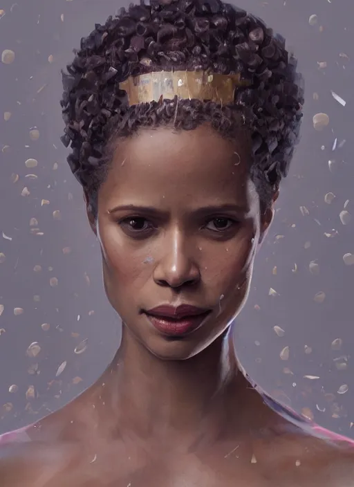 Image similar to portrait of gugu mbatha - raw as a legendary knight warrior, au naturel, hyper detailed, digital art, trending in artstation, cinematic lighting, studio quality, smooth render, unreal engine 5 rendered, octane rendered, art style by klimt and nixeu and ian sprigger and wlop and krenz cushart.