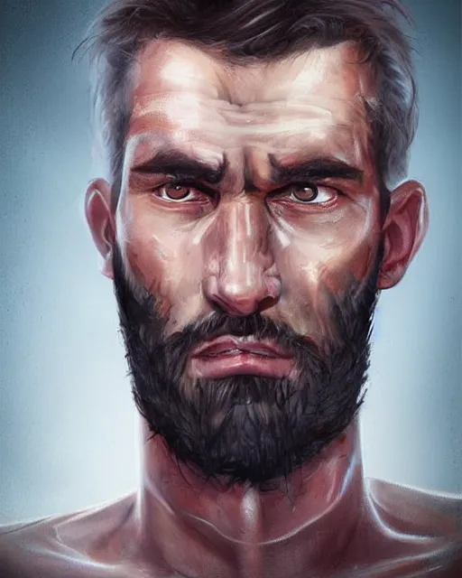 Image similar to portrait of muscular, tired and alcoholic 3 0 - year - old grieving man with short darkblonde hair, serious sad look in his eyes, looking down, dirty beard, blue eyes, crying tears, wearing dirty soldier uniform, on the desert, sad atmosphere, hyper realistic face, character art, art by artgerm, cryengine, trending on artstation, digital art