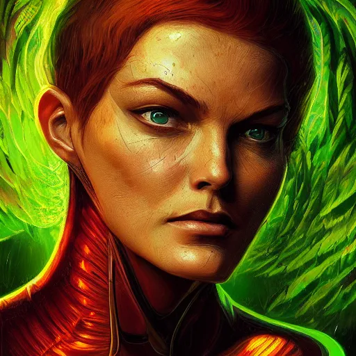 Image similar to portrait of jean grey, symmetry, hyperdetailed perfect face, green eyes, comic, phoenix rising, burning flames, intricate, detailed, volumetric lighting, scenery, digital painting, highly detailed, artstation, sharp focus, illustration, concept art, ruan jia, steve mccurry