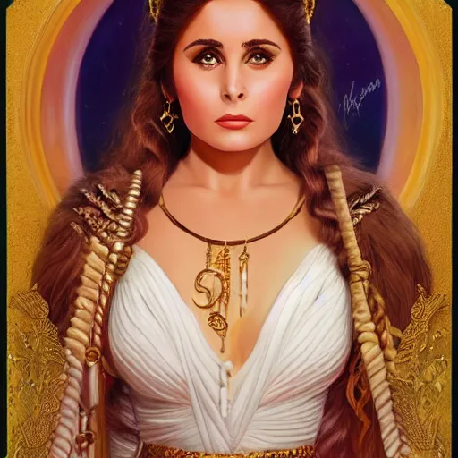 Image similar to a detailed fantasy character portrait of soad hosny as goddess of cinema by lauri blank, artgerm, evelyn de morgan, 8K, 50mm lens