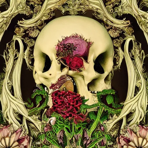 Image similar to a beautiful detailed rococo 8 0's photo of a rotten woman corpse becoming almost a skull with face muscles, veins, arteries, fractal plants and fractal flowers and mushrooms growing around, intricate, ornate, volumetric light, beautiful lit, beetlejuice