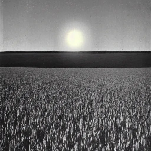 Image similar to a picture of an ufo above an wheat field, black and white, 1 9 2 0's, pictorialism