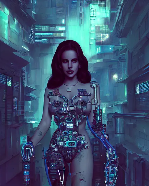 Image similar to portrait of lana del rey as a cyberpunk cyborg. roses, sci - fi, missing panels, intricate abstract upper body intricate artwork, by tooth wu, wlop, beeple, dan mumford. concept art, octane render, deviantart, greg rutkowski, cinematic, key art, hyperrealism, iridescent accents