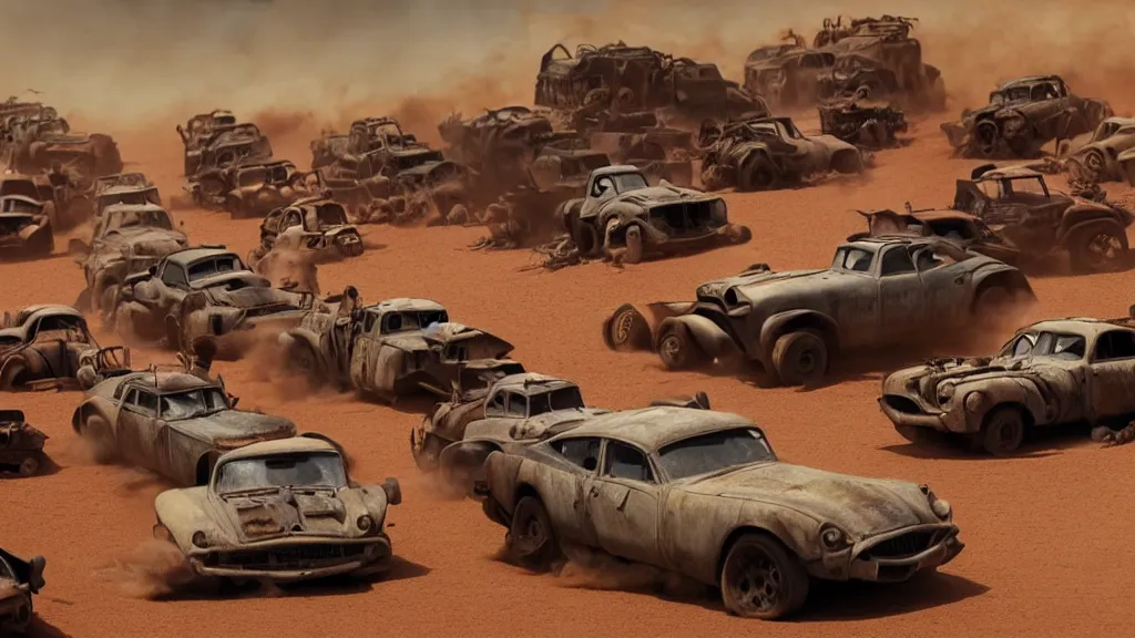 Image similar to pixar cars in mad max fury road, cartoon eyes, war boys, furiosa, explosions, imax