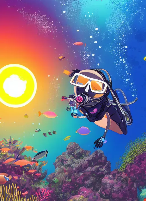 Image similar to Sloth scuba diving. In anime style. Explosions, tilt and orange, ultrawide angle, panoramic, fish eye, colorfull illustration