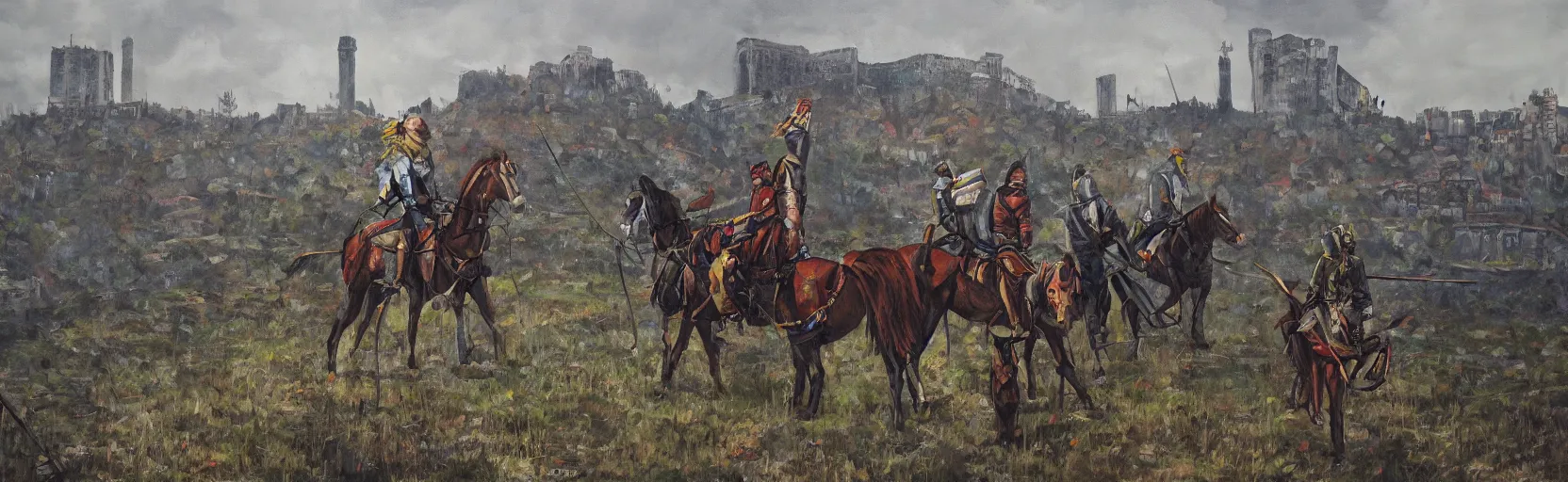 Image similar to horseback knights at scenic overlook; cloudy, grey skies, walled fort city deteriorating office buildings in background on hill; forest; la Bastille, post apocalyptic, grungy; oil on canvas, colorful, artstation