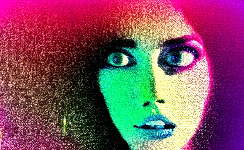 Prompt: vhs glitch art portrait of a frightened woman hidden underneath a sheet, lost in static, metaphysical foggy environment, static colorful noise glitch volumetric light, by bekinski, unsettling moody vibe, vcr tape, 1 9 8 3 analog video, vaporwave aesthetic, directed by david lynch, colorful static, datamosh, pixeled stretching