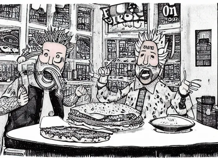 Prompt: guy fieri eating a giant bacon cheeseburger in flavortown, by edward gorey