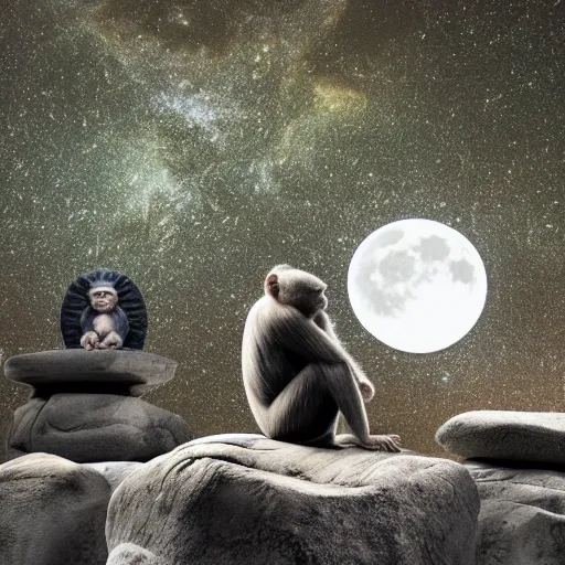 Image similar to photo of a meditating monkey on a chinese stone forest at night with the giant moon begind,